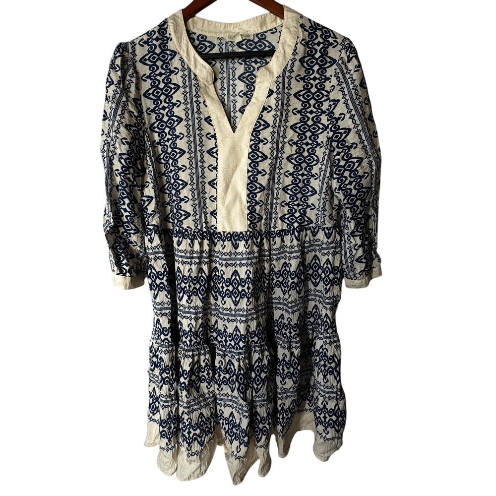 Fig + Flower Dress Size L‎ Blue White Embroidered V Neck Tiered Mini Dress